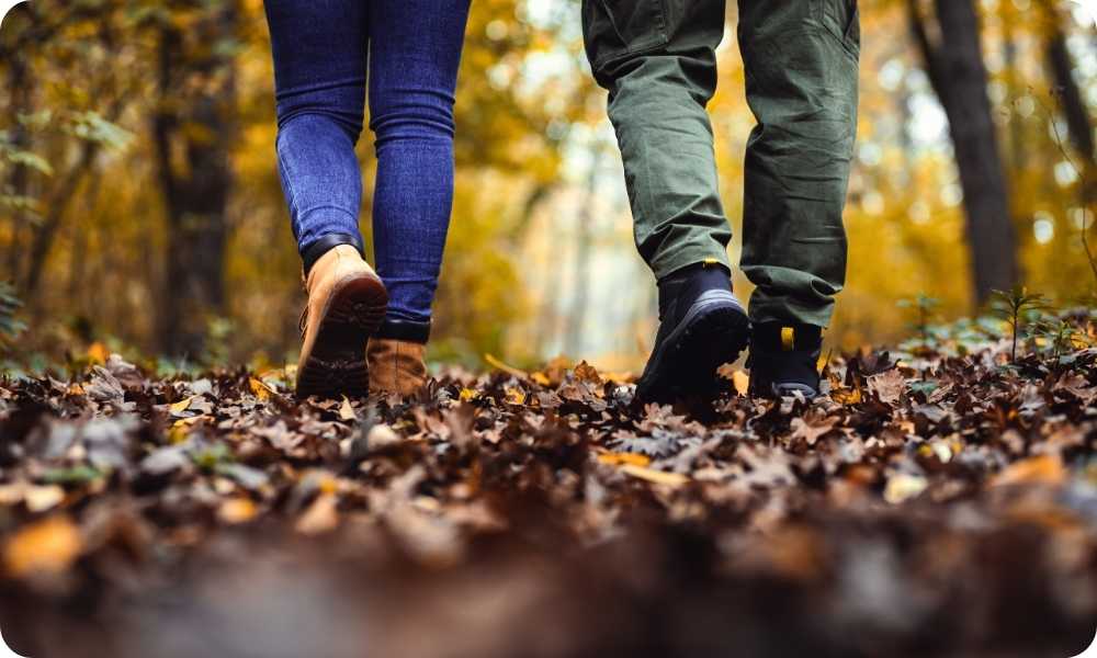 Group of people walking on a trail Group of people walking on a trail